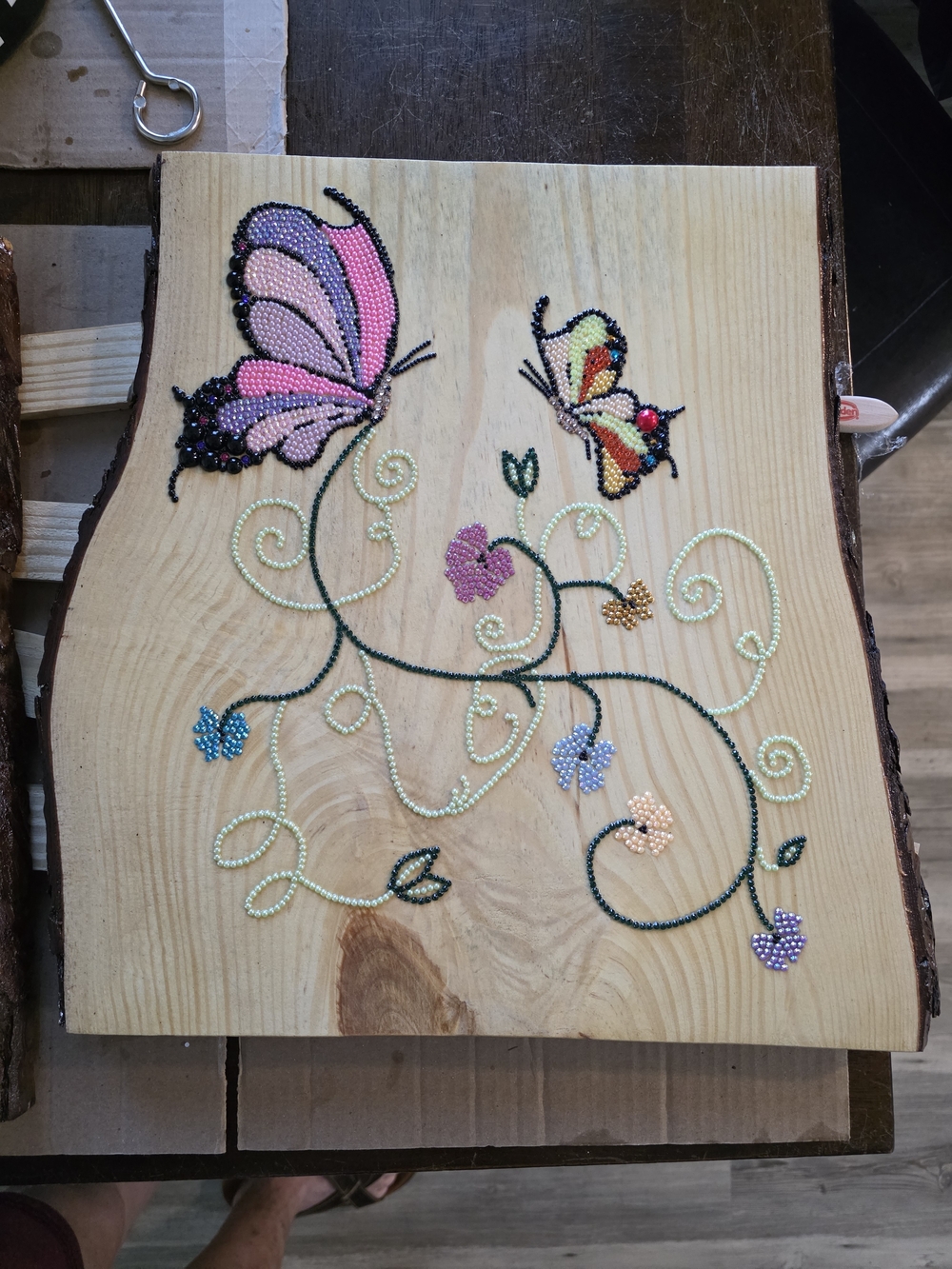 Handmade Pink & Multicolor Butterfly Bead Art on Wood